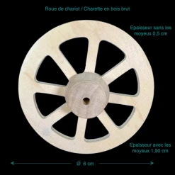 Roue de chariot miniature en bois brut avec 8 branches, idéale pour la construction de véhicules miniatures et la décoration rustique. Avec dimensions