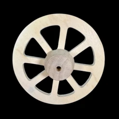 Roue en bois brut grand modèle avec moyeu massif, idéale pour chariots, charrettes et constructions miniatures.Vue principale