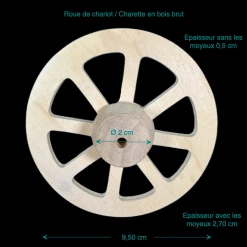 Roue en bois brut grand modèle avec moyeu massif, idéale pour chariots, charrettes et constructions miniatures.Avec dimensions