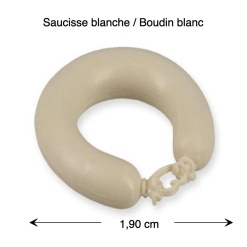 Saucisse blanche miniature pour maison de poupée échelle 1/12e, parfaite pour une cuisine, un marché ou une reproduction de boucherie d’antan. Avec dimensions