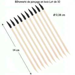 Bâtonnets à poncer en bois, lot de dix, outil précis pour recoins inaccessibles. Vue des dix bâtonnets avec dimensions