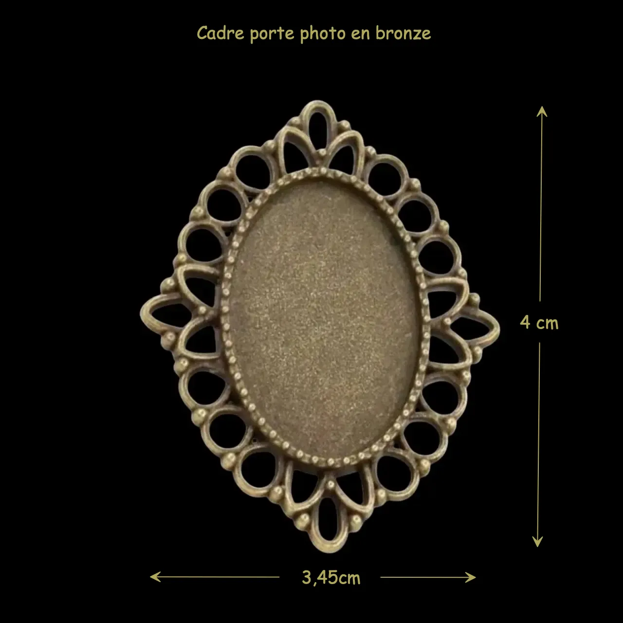 Cadre miniature ovale bronze dentelé. Avec dimensions