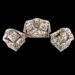 Salon miniature fleuri avec canapé et fauteuils. Design raffiné, structure en bois. Idéal pour un décor romantique et cosy de maison de poupée. Vue principale