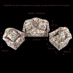 Salon miniature fleuri avec canapé et fauteuils. Design raffiné, structure en bois. Idéal pour un décor romantique et cosy de maison de poupée. Avec dimensions