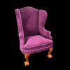 Fauteuil Chippendale miniature en velours mauve avec tabouret, parfait pour maisons de poupées échelle 1:12.