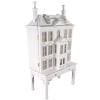 Maison miniature ouvrante avec table et tiroirs, parfaite pour une maison de poupée élégante. Finition blanche avec filets dorés, idéale pour ranger de petits accessoires.Vue de coté