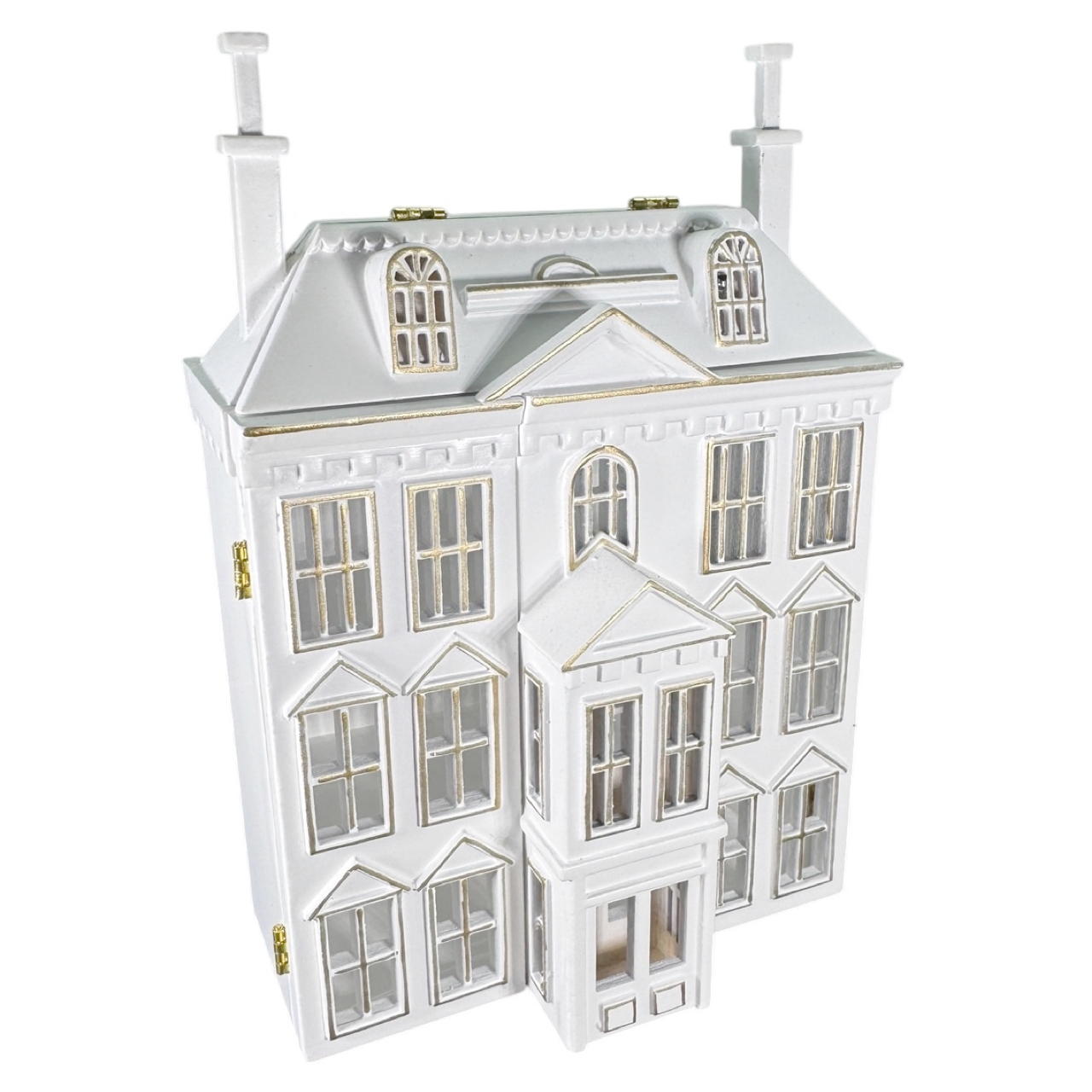 Maison miniature ouvrante avec table et tiroirs, parfaite pour une maison de poupée élégante. Finition blanche avec filets dorés, idéale pour ranger de petits accessoires.Portes ouvertes. Vue de coté sans la table
