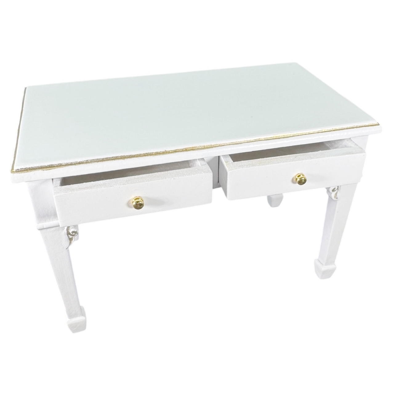 Maison miniature ouvrante avec table et tiroirs, parfaite pour une maison de poupée élégante. Finition blanche avec filets dorés, idéale pour ranger de petits accessoires.Table seule avec tiroirs ouverts fond blanc