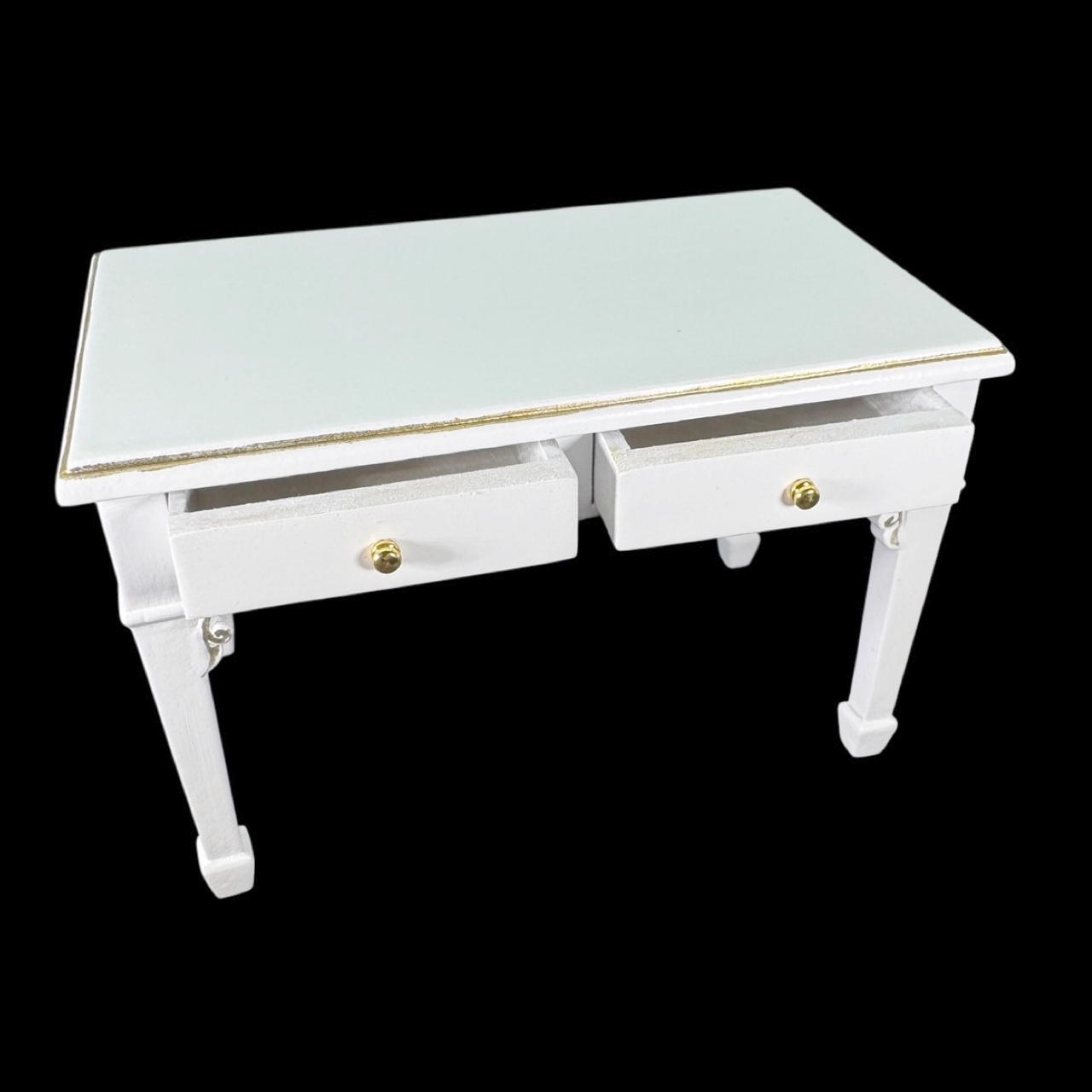 Maison miniature ouvrante avec table et tiroirs, parfaite pour une maison de poupée élégante. Finition blanche avec filets dorés, idéale pour ranger de petits accessoires.Table seule avec tiroirs ouverts
