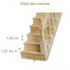 Escalier bois massif miniature, 13 marches, rampe à droite, main courante sculptée, prêt à poser. Détail des marches avec dimensions