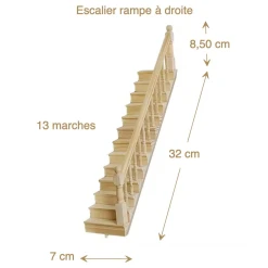 Escalier bois massif miniature, 13 marches, rampe à droite, main courante sculptée, prêt à poser. Vie principale avec dimensions