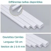 Goulottes en PVC blanc 2 mm x 2 mm pour cacher les câbles électriques en miniature, idéales pour maison de poupée ou projets de modélisme. Détail des tailles