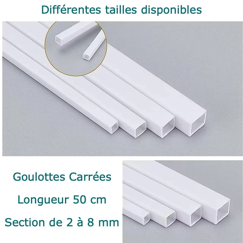 Goulottes en PVC blanc 2 mm x 2 mm pour cacher les câbles électriques en miniature, idéales pour maison de poupée ou projets de modélisme. Détail des tailles