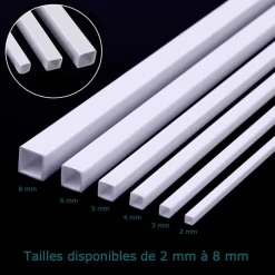 Goulottes en PVC blanc 2 mm x 2 mm pour cacher les câbles électriques en miniature, idéales pour maison de poupée ou projets de modélisme. Avec dimensions