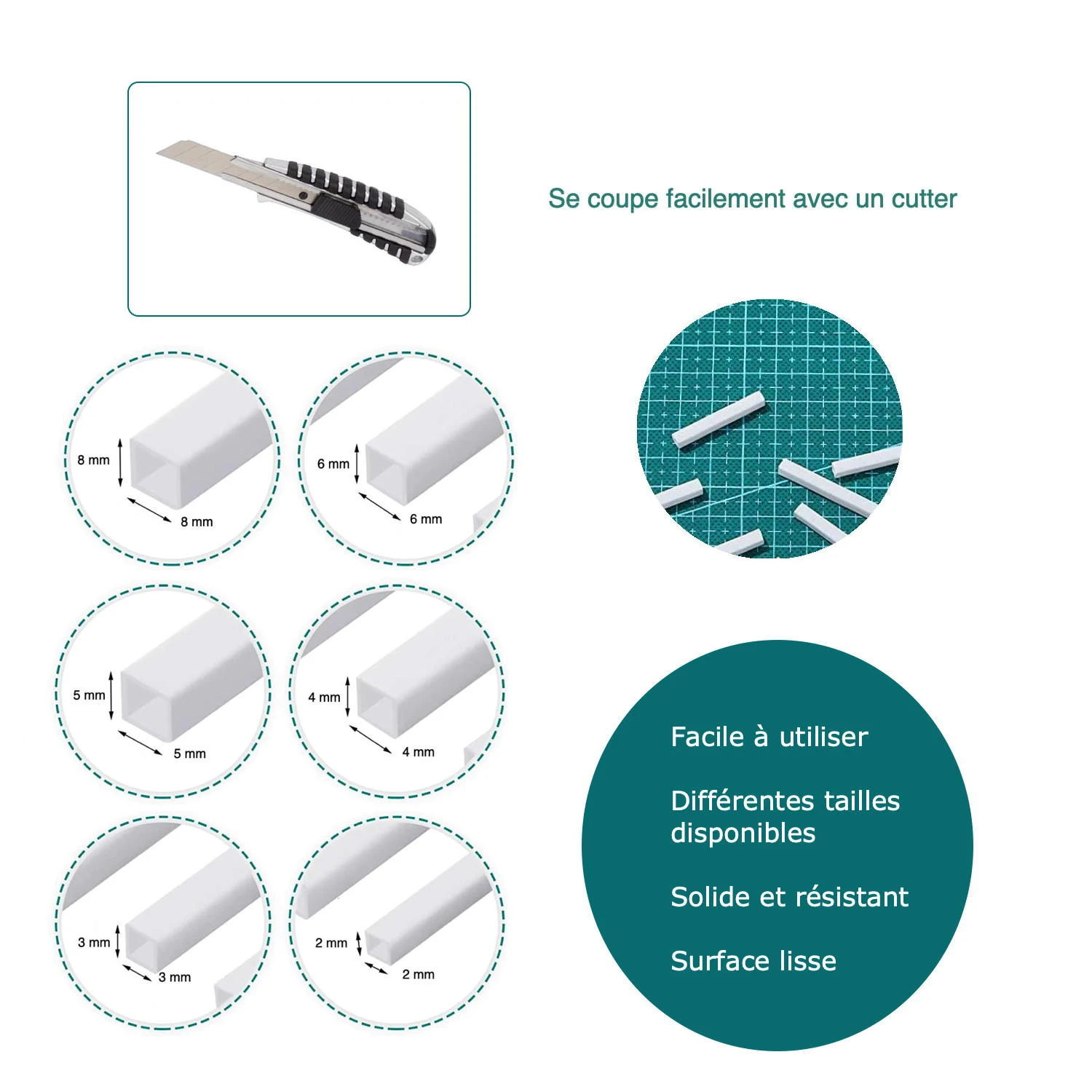 Goulottes en PVC blanc 2 mm x 2 mm pour cacher les câbles électriques en miniature, idéales pour maison de poupée ou projets de modélisme. Explication