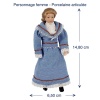 Figurine femme élégante en porcelaine, articulée aux bras et aux genoux, vêtue d’une robe bleue raffinée pour maison de poupée miniature. Avec dimensions