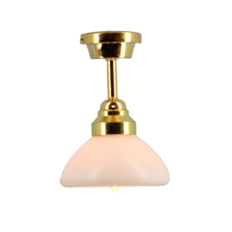 Plafonnier miniature 12 volts en laiton doré avec abat-jour en verre dépoli, idéal pour éclairer maisons de poupée et scènes miniatures avec réalisme. Vue principale
