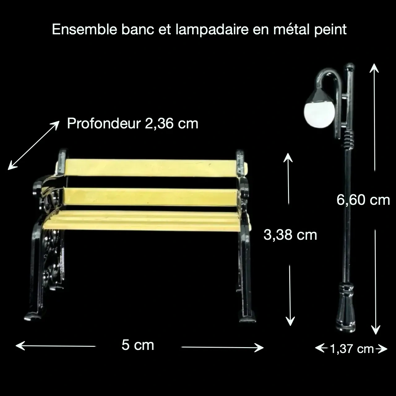Banc et lampadaire miniatures avec dimensions