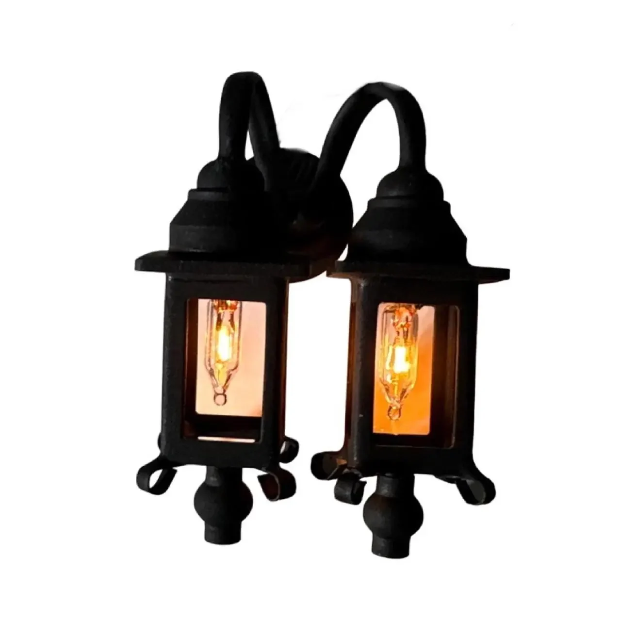 Applique double en métal noir 12 volts pour maison miniature 1/12ᵉ vue principale fond blanc