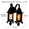 Applique double en métal noir 12 volts pour maison miniature 1/12ᵉ vue principale fond blanc avec dimensions