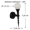 Applique murale extérieure LED noire avec globe blanc pour maison de poupée vue principale avec dimensions