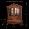 Armoire rococo miniature en noyer, portes vitrées et tiroirs — vue principale avec dimensions