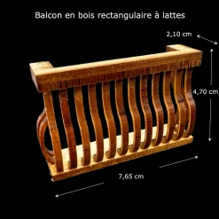 Balcon rectangulaire à lattes en bois pour maison de poupée échelle 1/12ᵉ vue principale avec dimensions