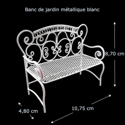 Banc de jardin en métal blanc — vue principale avec dimensions