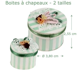 Boîtes à chapeaux miniatures décorées pour maison de poupée 1/12ᵉ vue principale avec dimensions