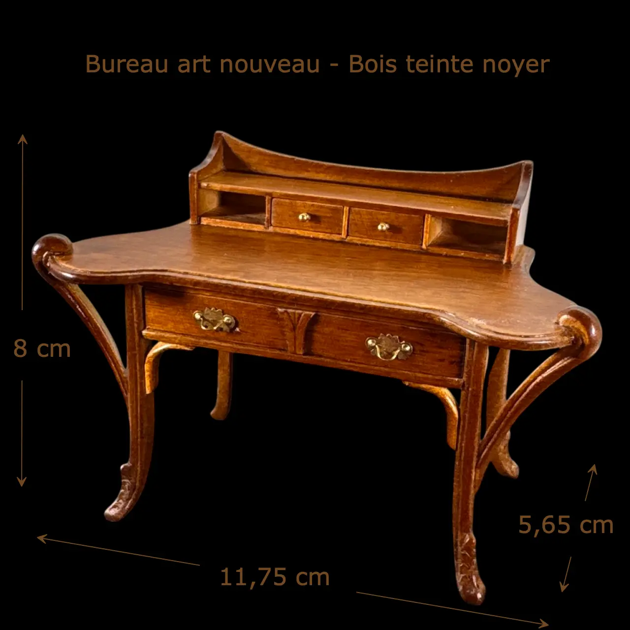 Bureau art nouveau miniature en bois noyer, tiroirs ouvrants — vue principale avec dimensions.