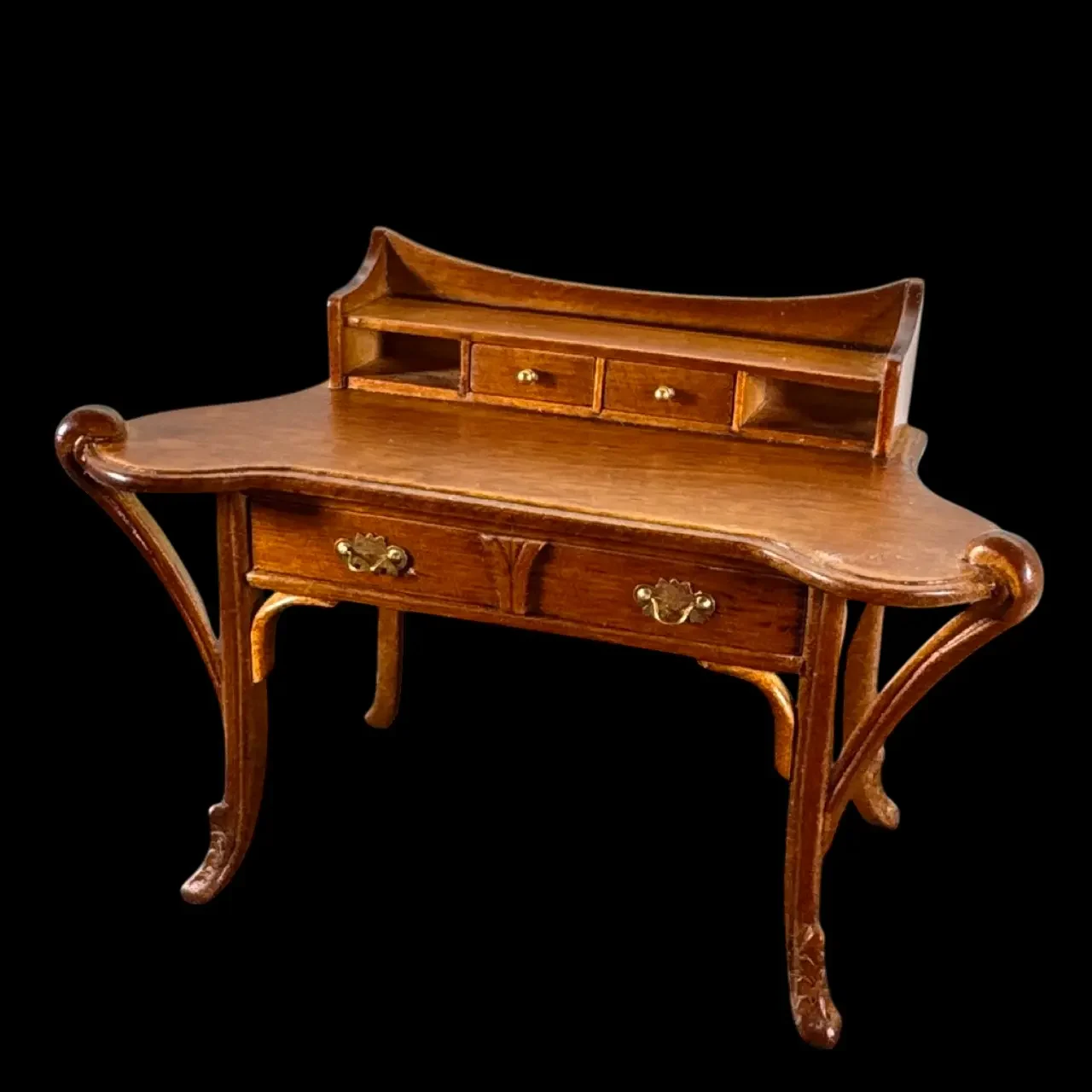Bureau art nouveau miniature en bois noyer, tiroirs ouvrants — vue principale