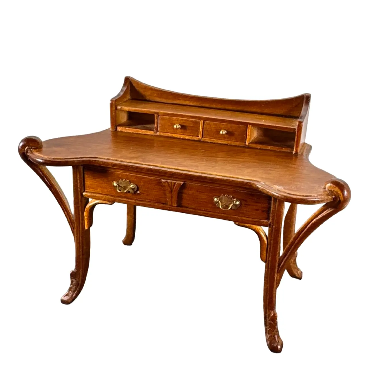 Bureau art nouveau miniature en bois noyer, tiroirs ouvrants — vue principale fond blanc