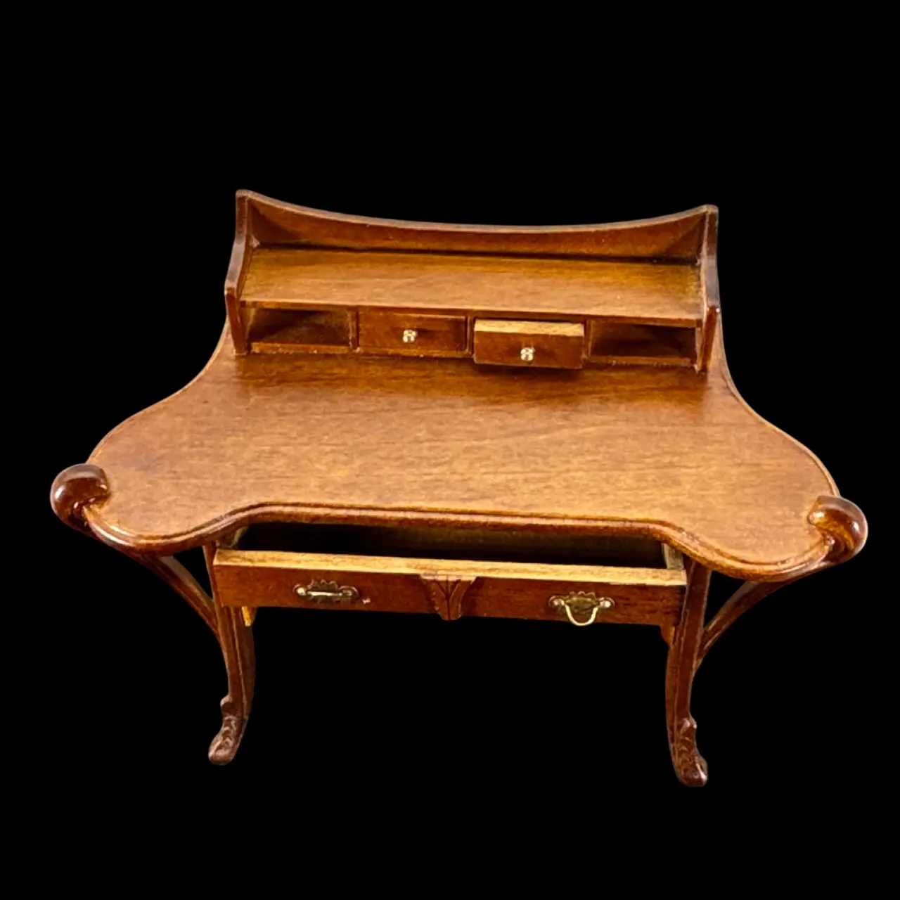 Bureau art nouveau miniature en bois noyer, tiroirs ouvrants — vue de de tiroir ouvert