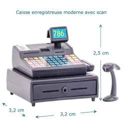 Caisse enregistreuse moderne avec scanette — vue principale avec dimensions.
