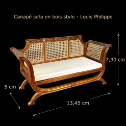 Canapé miniature Louis-Philippe en bois et cannage vue principale avec dimensions