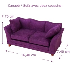 Canapé miniature violet / aubergine avec deux coussins vue principale avec dimensions