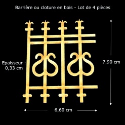 Clôture bois ornementale à lyres 1/12ᵉ, lot de 4 sections — vue principale avec dimensions