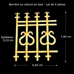 Clôture bois ornementale à lyres 1/12ᵉ, lot de 4 sections — vue principale avec dimensions