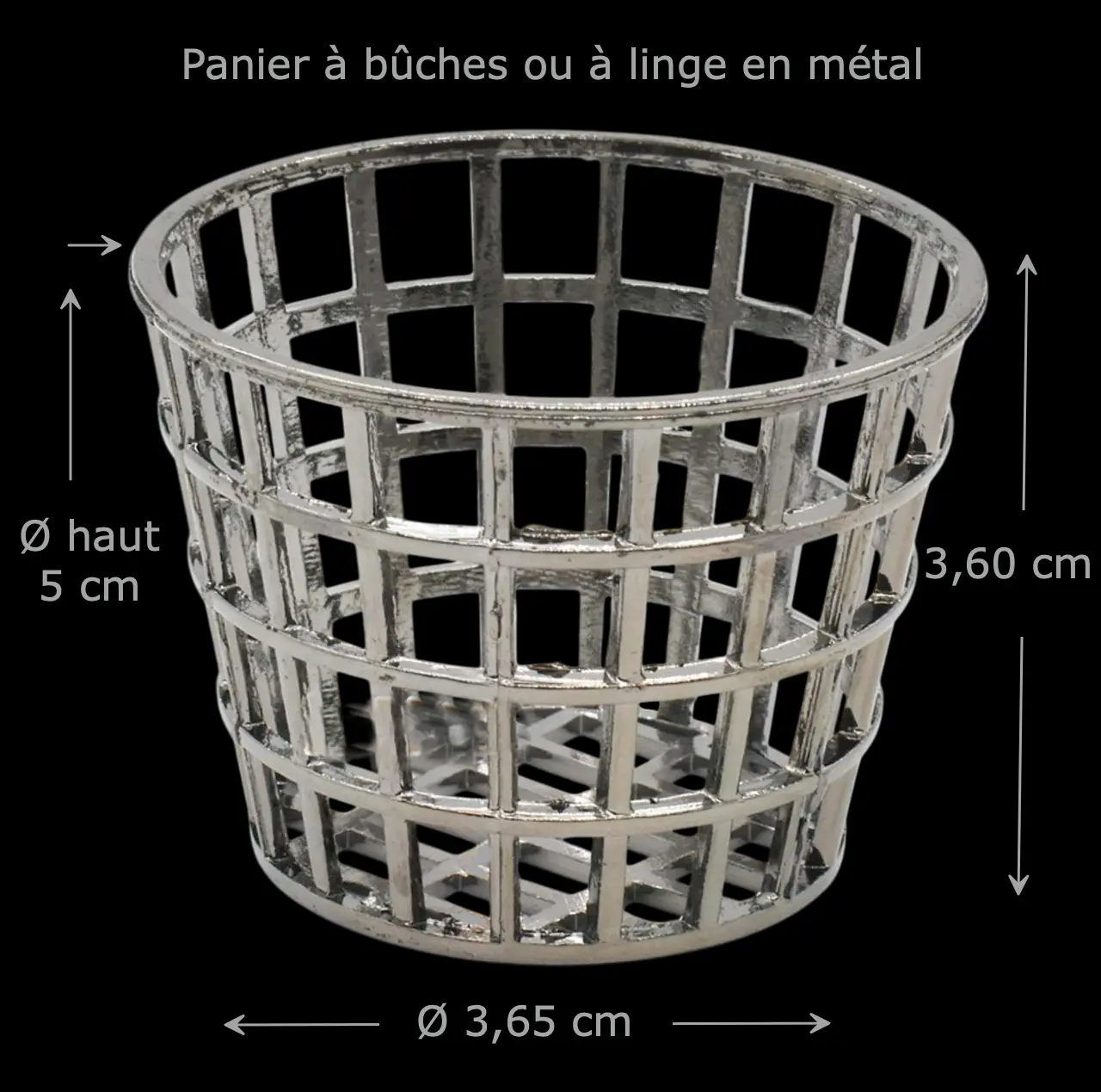 Panier en métal ajouré miniature argenté vue principale avec dimensions