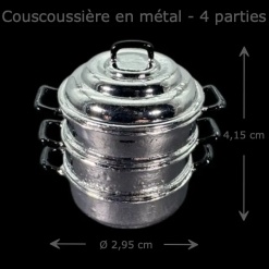 Couscoussière miniature en métal à 4 parties pour maison de poupée vue principale avec dimensions