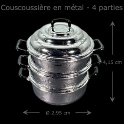 Couscoussière miniature en métal à 4 parties pour maison de poupée vue principale avec dimensions