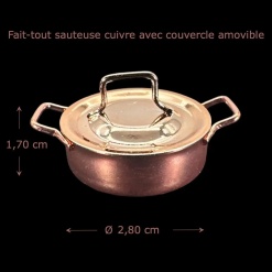 Sauteuse cuivre miniature 1/12ᵉ avec couvercle amovible vue principale avec dimensions