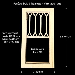 Fenêtre bois à losanges miniature échelle 1/12ᵉ en bois naturel avec vitre acrylique — vue principale avec dimensions