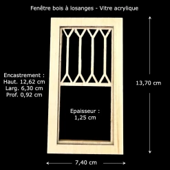 Fenêtre bois à losanges miniature échelle 1/12ᵉ en bois naturel avec vitre acrylique — vue principale avec dimensions