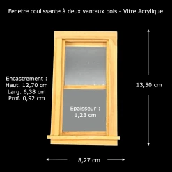 Fenêtre bois coulissante miniature en bois naturel avec vitre acrylique échelle 1/12ᵉ vue principale avec dimensions