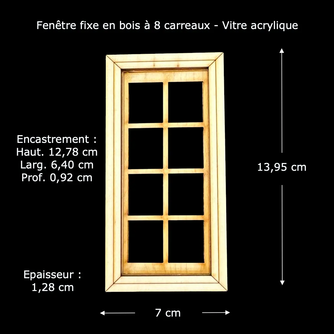 Fenêtre bois ouvrante 1/12ᵉ à 8 carreaux — vue principale avec dimensions