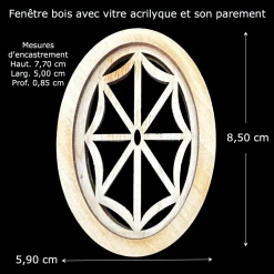 Fenêtre ovale bois brut avec acrylique pour maison de poupée 1/12ᵉ vue principale avec dimensions