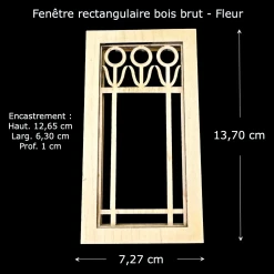 Fenêtre bois rectangulaire 1/12ᵉ avec vitre acrylique et motif floral vue principale avec dimensions