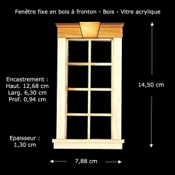 Fenêtre à fronton bois fixe 1/12ᵉ à 8 carreaux — vue principale avec dimensions