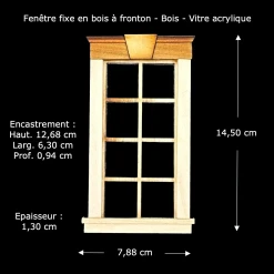 Fenêtre à fronton bois fixe 1/12ᵉ à 8 carreaux — vue principale avec dimensions